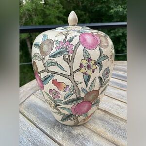Vintage Chinese Ceramic Ginger Jar Vase Urn Hand Painted Floral Design with Lid